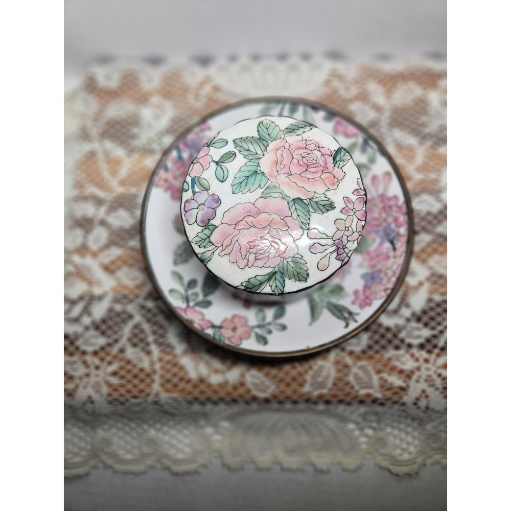 Vintage Chinoser Porcelain Hand Painted Pink Floral Matching Plate & Trinket Box